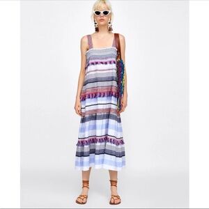ZARA WOMAN Striped Tiered Midi Dress Small Tassels Boho Festival